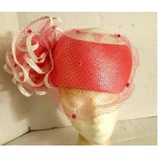 Sandra New York Kentucky Derby Easter Church Pink & White Veiled Straw Hat  eb-86439355
